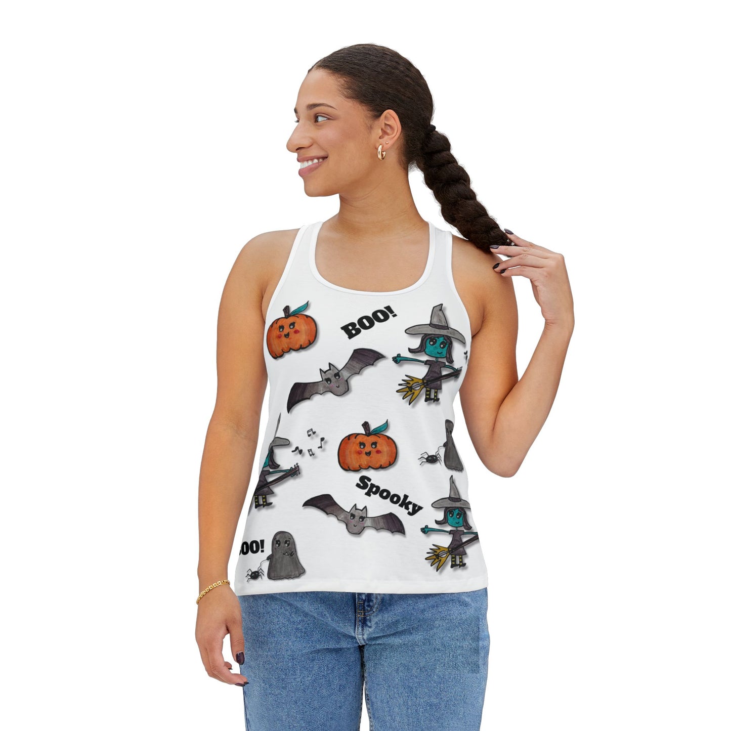 Cute Women's Tank Top with with Witch, Pumpkin, Bat and Ghost ("Spooky Jamboree" design)