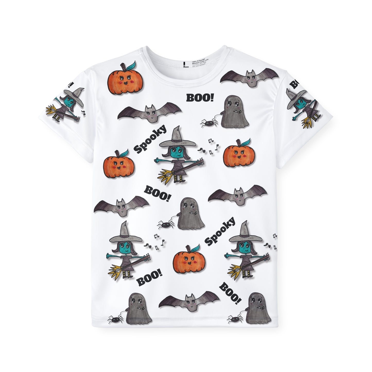 Cute Halloween Kids Shirt with Witch, Pumpkin, Bat and Ghost ("Spooky Jamboree" design)