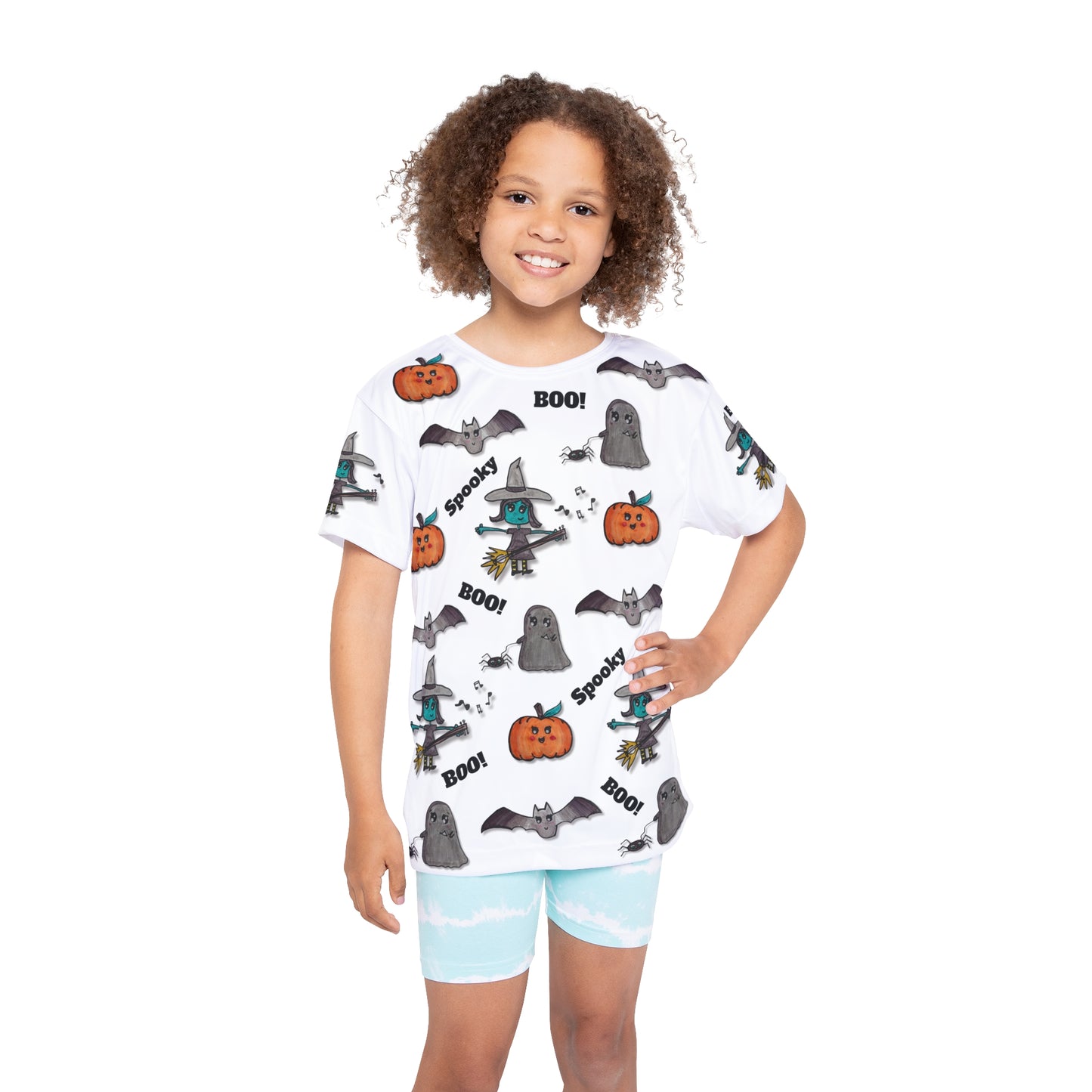 Cute Halloween Kids Shirt with Witch, Pumpkin, Bat and Ghost ("Spooky Jamboree" design)