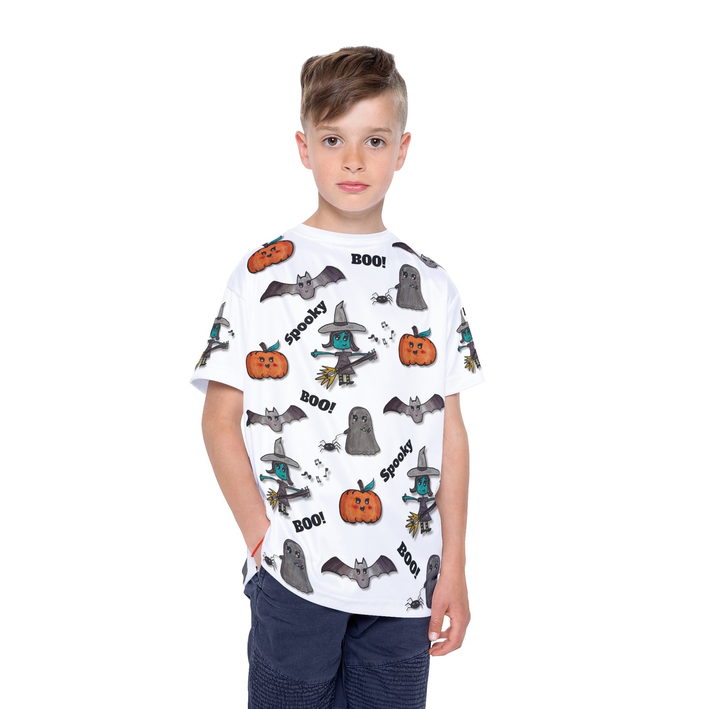 Cute Halloween Kids Shirt with Witch, Pumpkin, Bat and Ghost ("Spooky Jamboree" design)