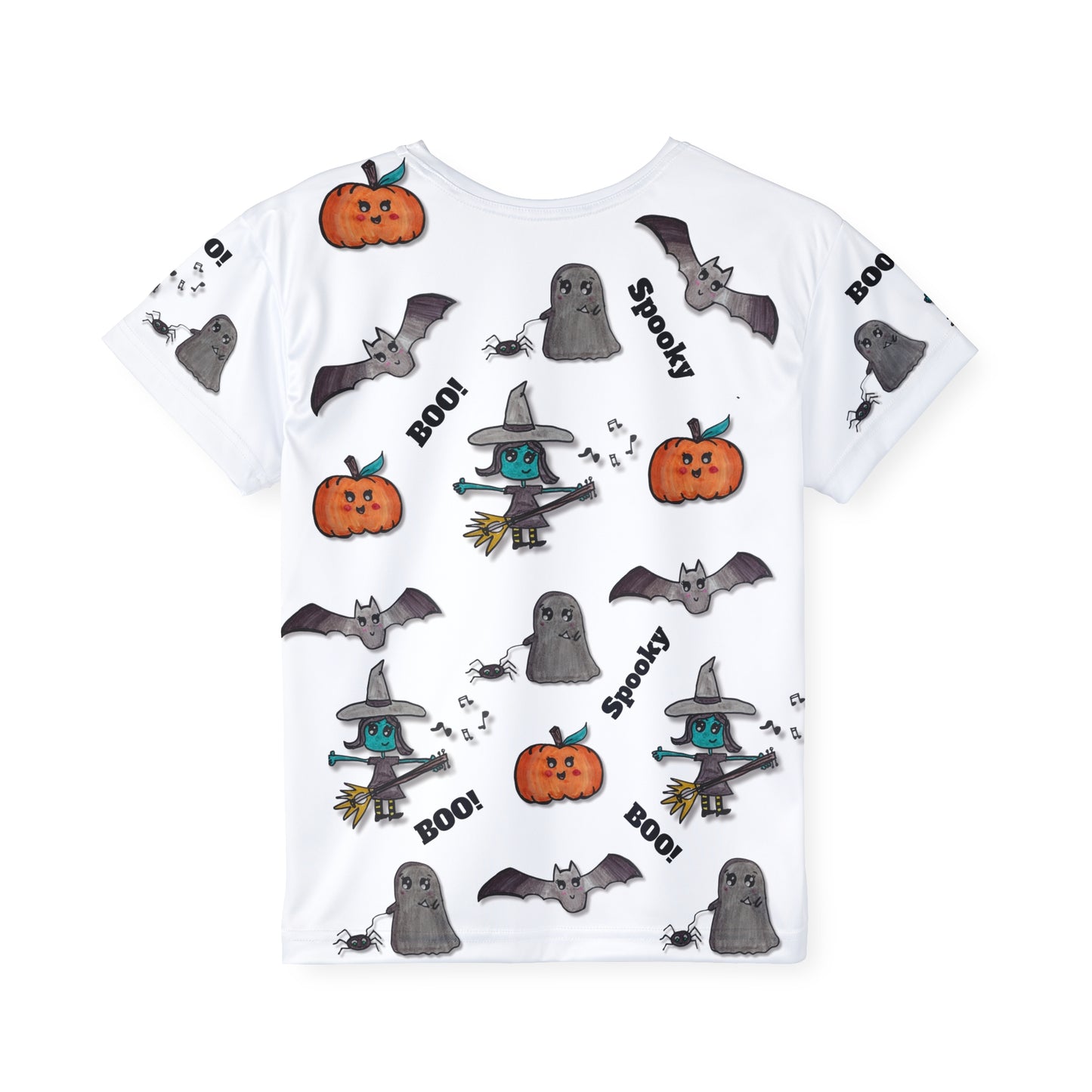 Cute Halloween Kids Shirt with Witch, Pumpkin, Bat and Ghost ("Spooky Jamboree" design)